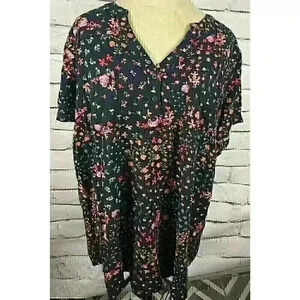 Torrid Harper Womens Sz 3 Black Floral Short Sleeve VNeck 3 Button Blouse Pocket